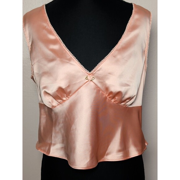 Y2K Satin Babydoll Crop Top Coquette Peach Crochet Trim Flower Center Sz L Girly - Picture 3 of 10